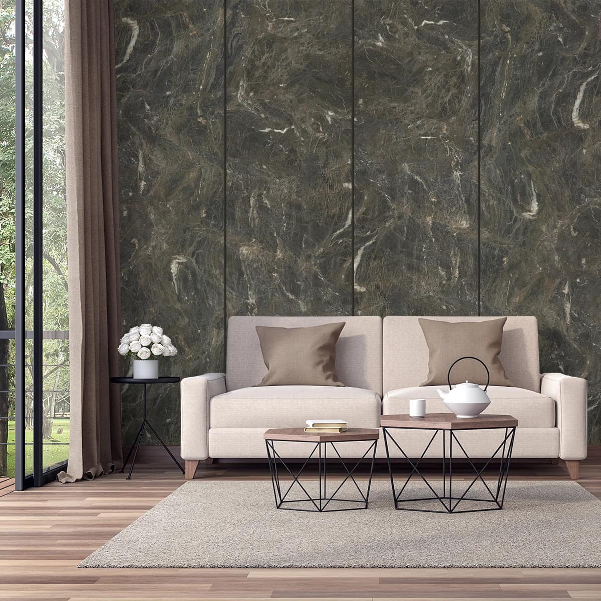 Supreme Marble laminate (design 1311) as a full-height living-room feature wall with dramatic white-gold veining