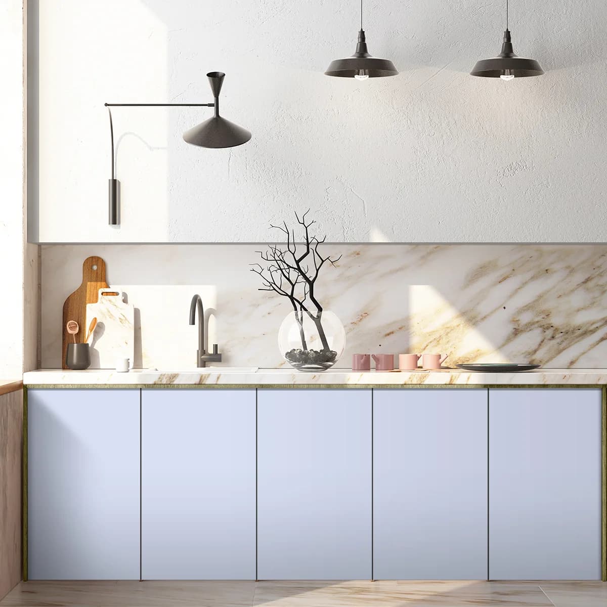 Glossy white laminate (Artis Polar White, Crystal Gloss) on kitchen shutters in a bright modern interior