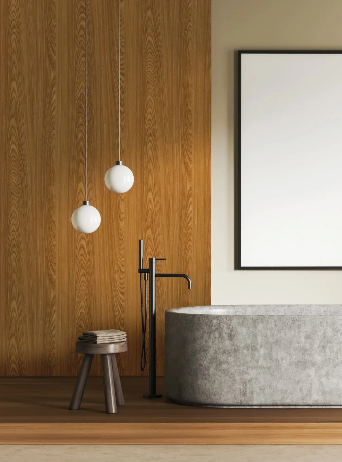 Artis laminate surfaces — wood-grain bathroom feature wall