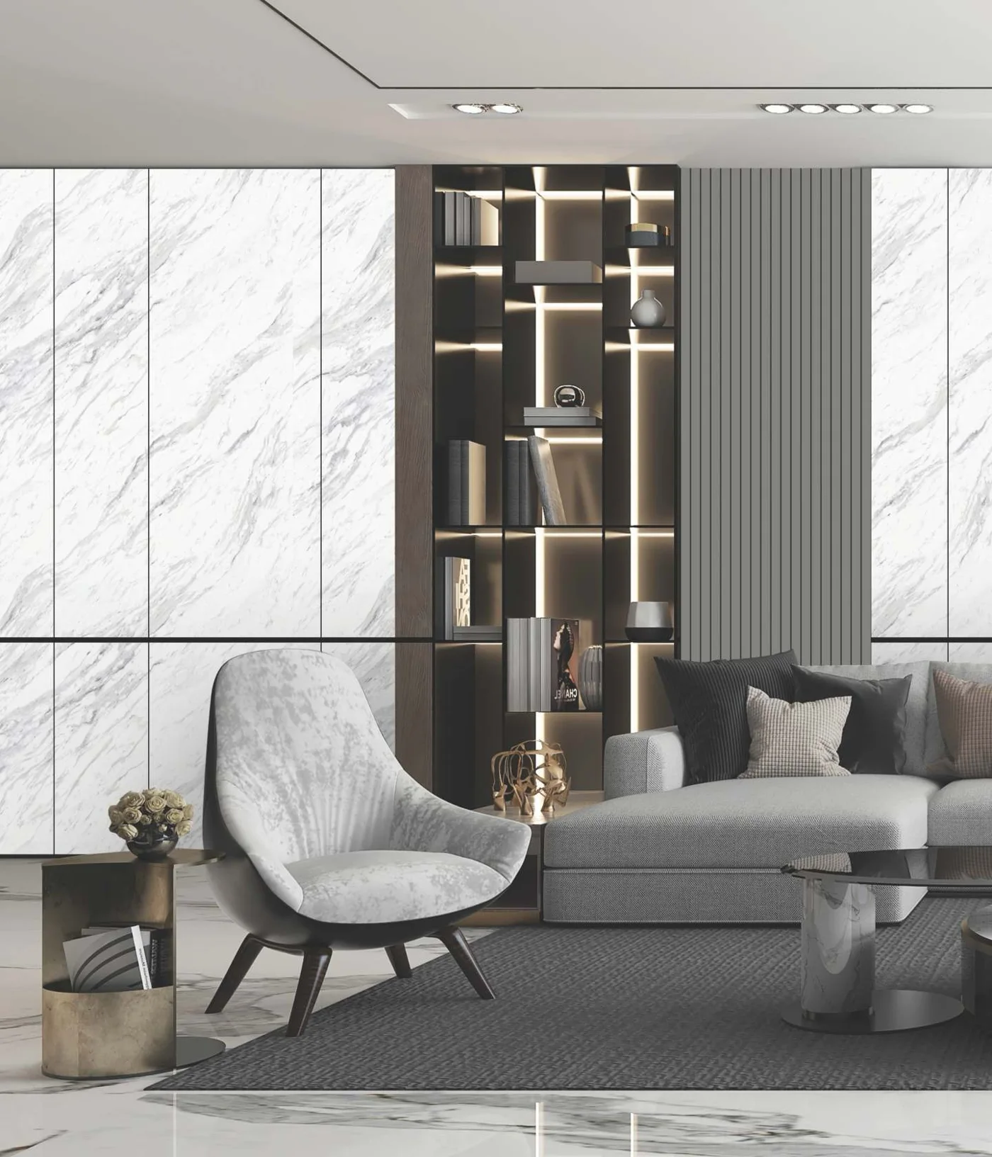 Artis laminate surfaces — marble-clad living room tv wall