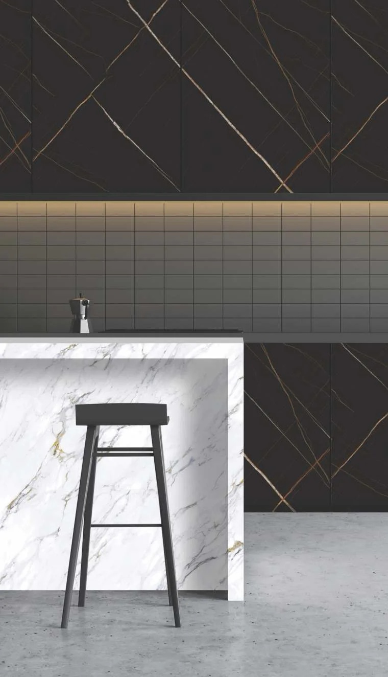 Artis laminate surfaces — marble-finish kitchen cabinet faces