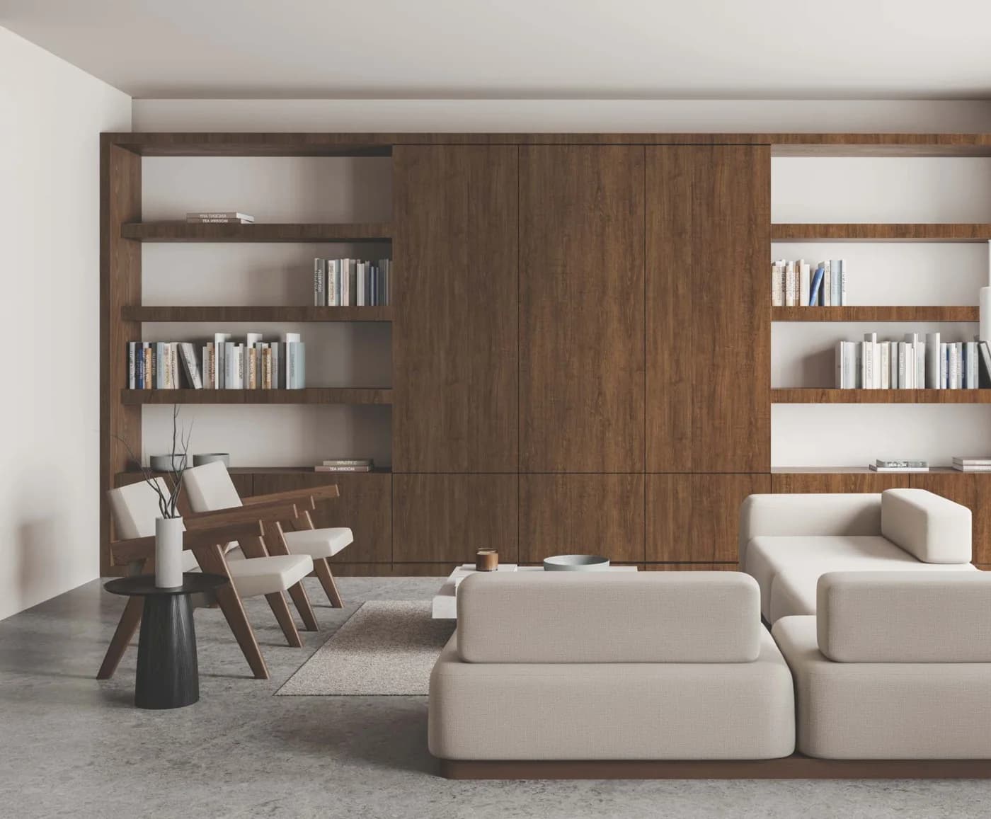Artis laminate surfaces — wood-panelled study and living corner