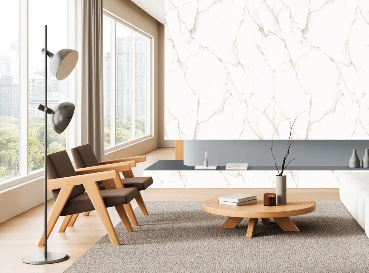 Artis laminate surfaces — marble feature wall in living room