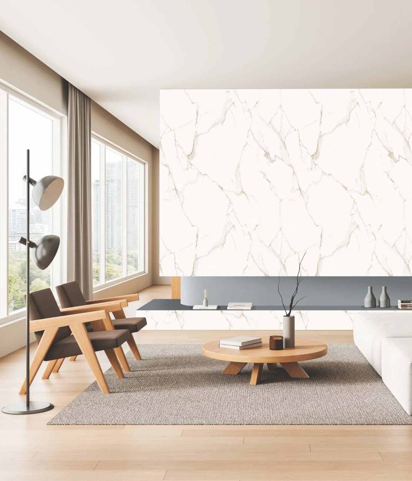 Artis laminate surfaces — stone-look living room accent wall
