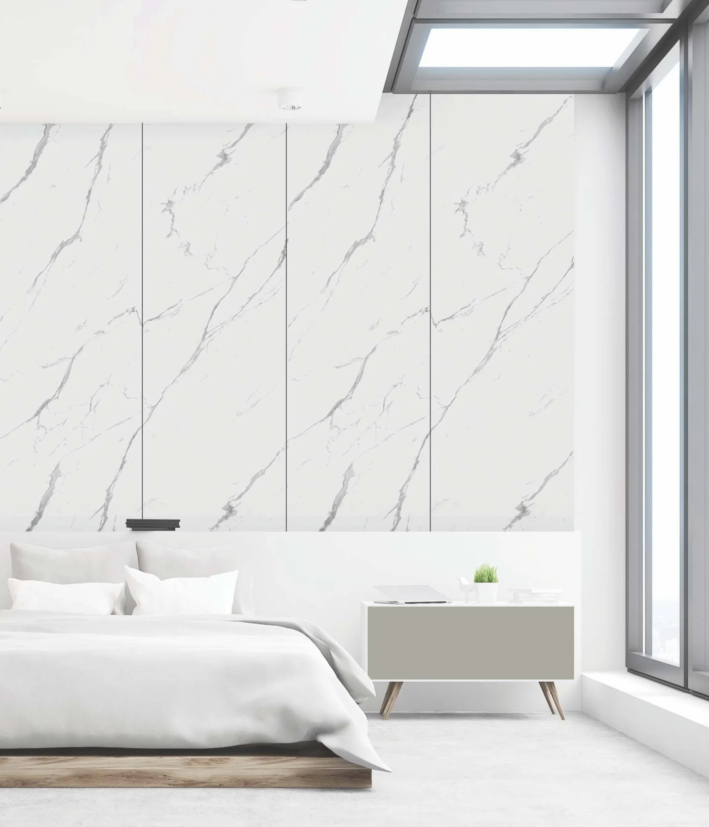 Artis laminate surfaces — marble-accented bedroom wall