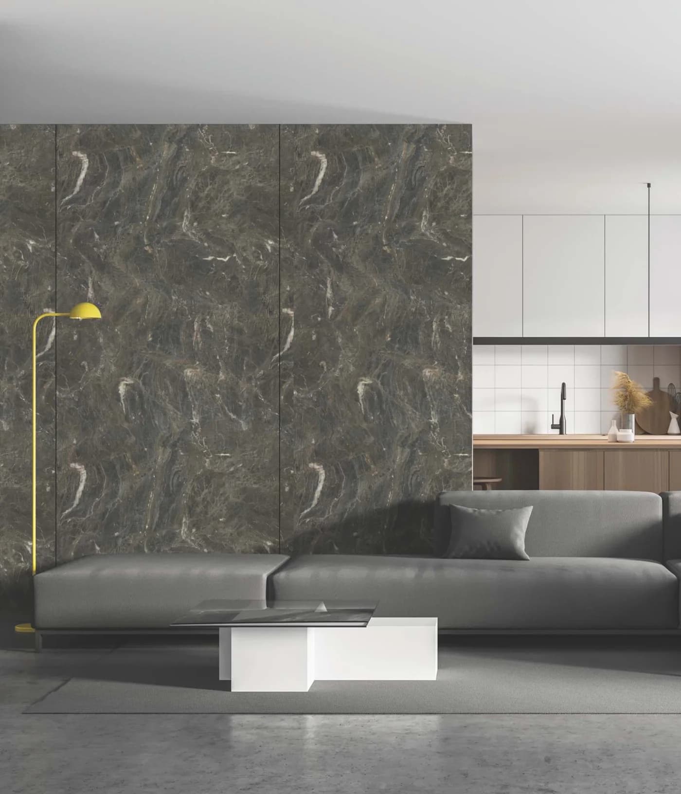 Artis laminate surfaces — open marble living-kitchen layout