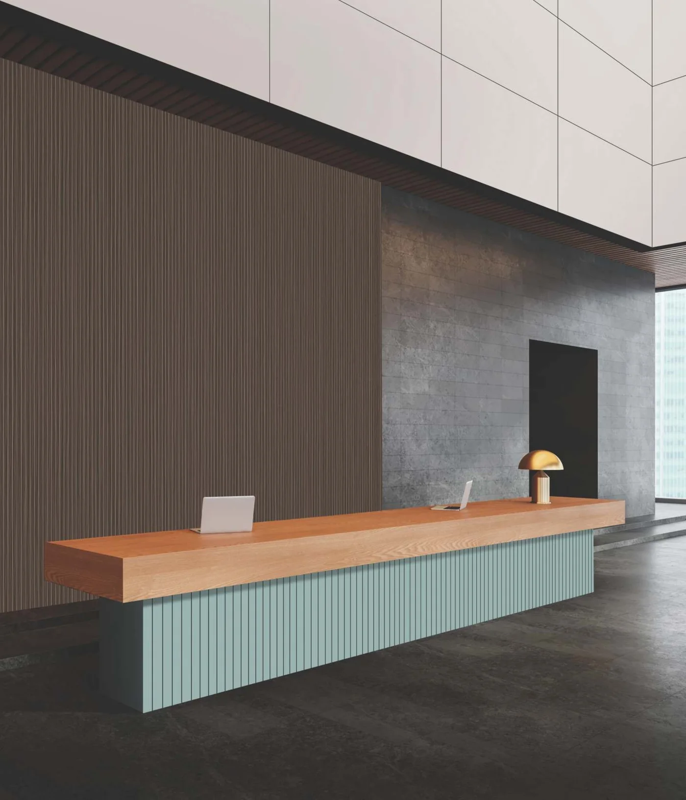 Artis laminate surfaces — wood-finish office workspace