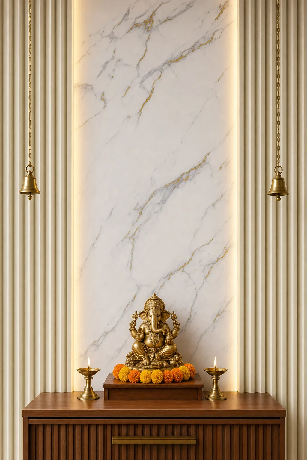 Artis laminate surfaces — marble-backed mandir with fluted cream panelling