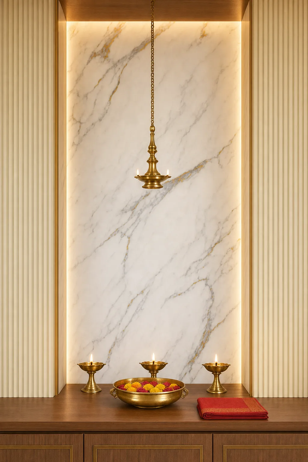Artis laminate surfaces — serene marble mandir alcove with fluted panels