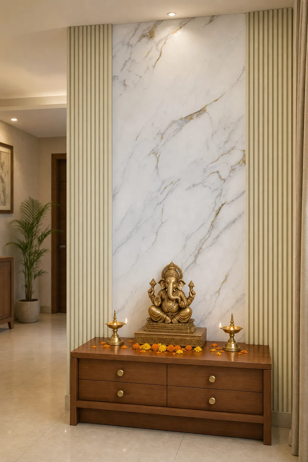 Artis Visualizer render of a pooja room: Calacatta Gold marble laminate niche with fluted side panels, brass idol, diyas and marigolds