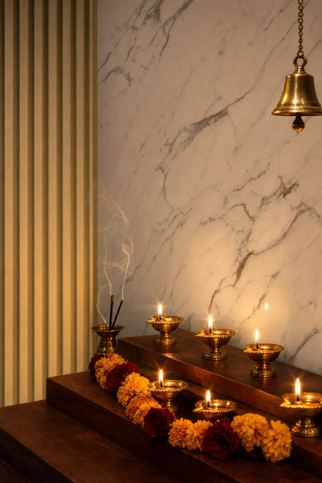Artis laminate surfaces — evening aarti against a marble mandir backdrop