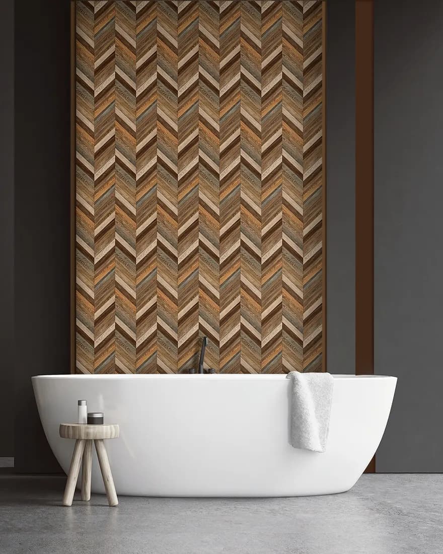 Freestanding bathtub against a herringbone timber laminate wall