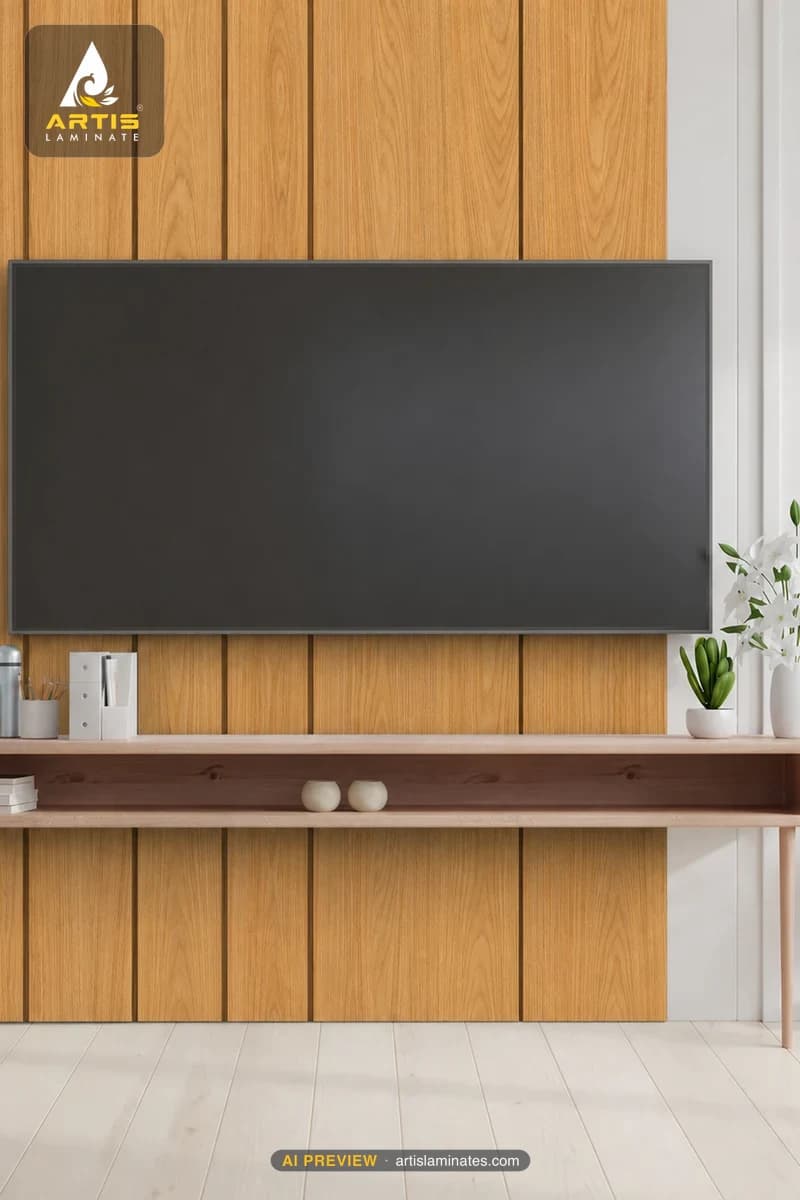 Sample TV wall visualized in Golden Oak 993